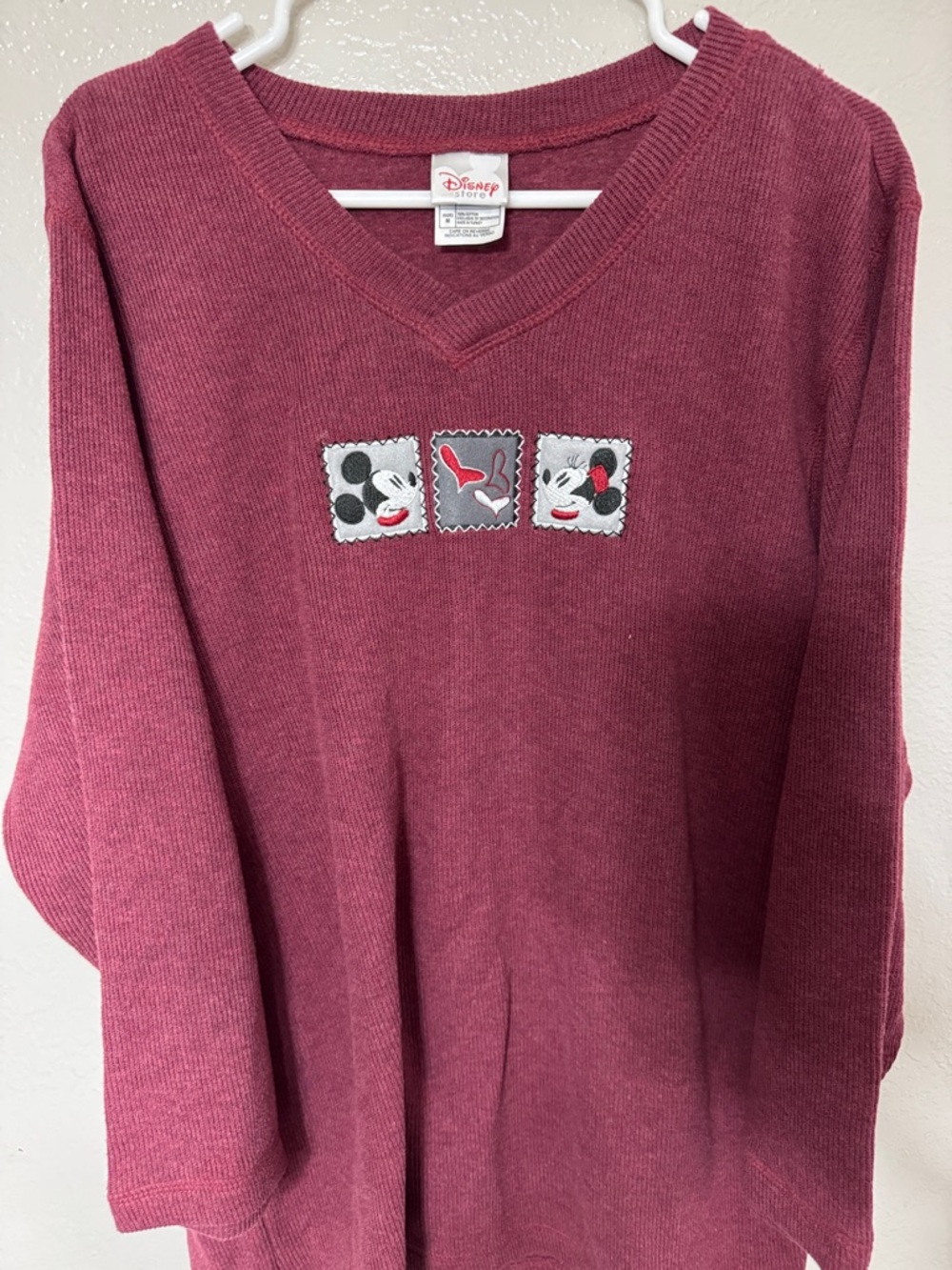 Disney V-Neck Sweater with Mickey & Minnie Embroidered Squares - Mauve